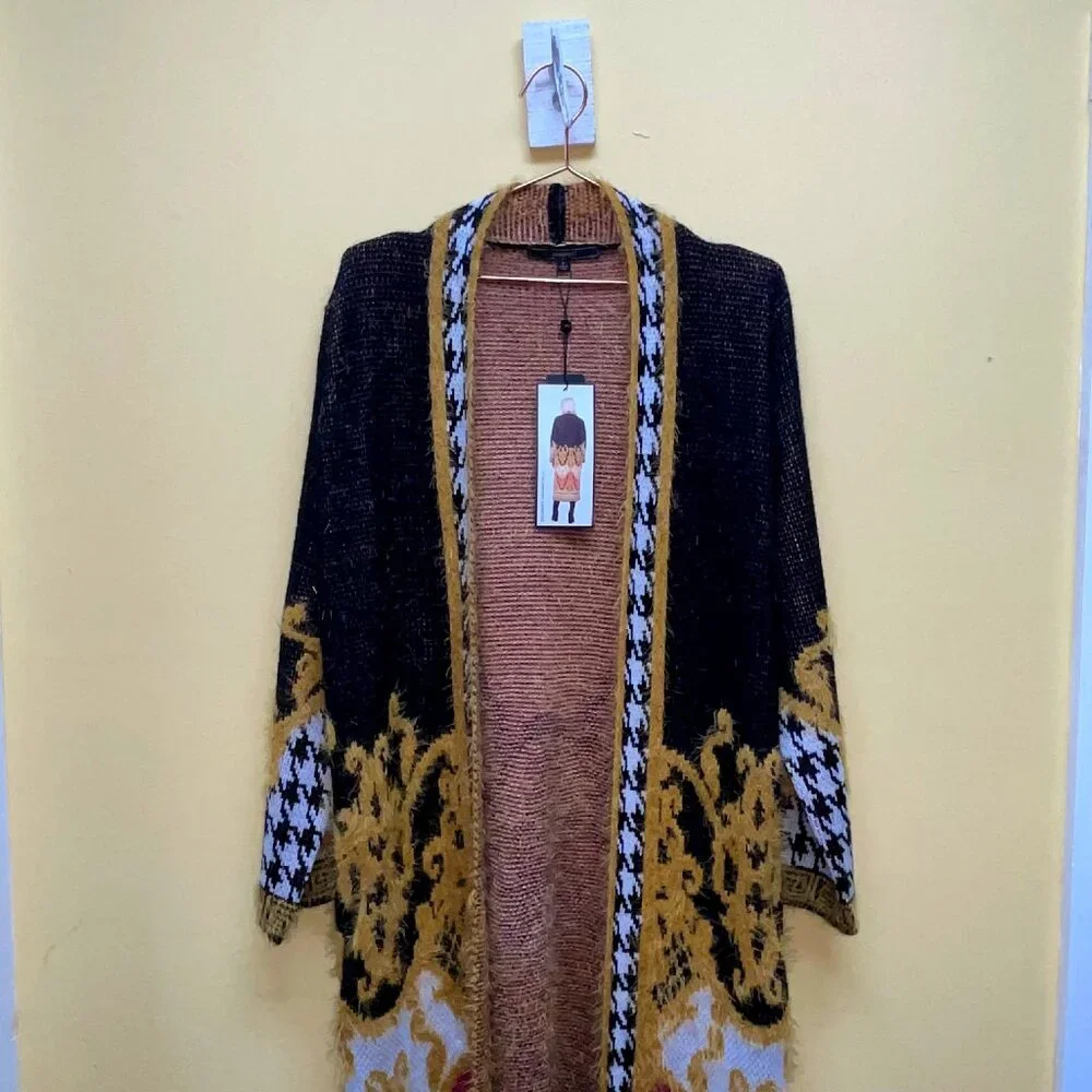 NWT Small Max Sport LA Boho B&W/Gold/Pink Long Sweater Duster with front pockets - Picture 11 of 15